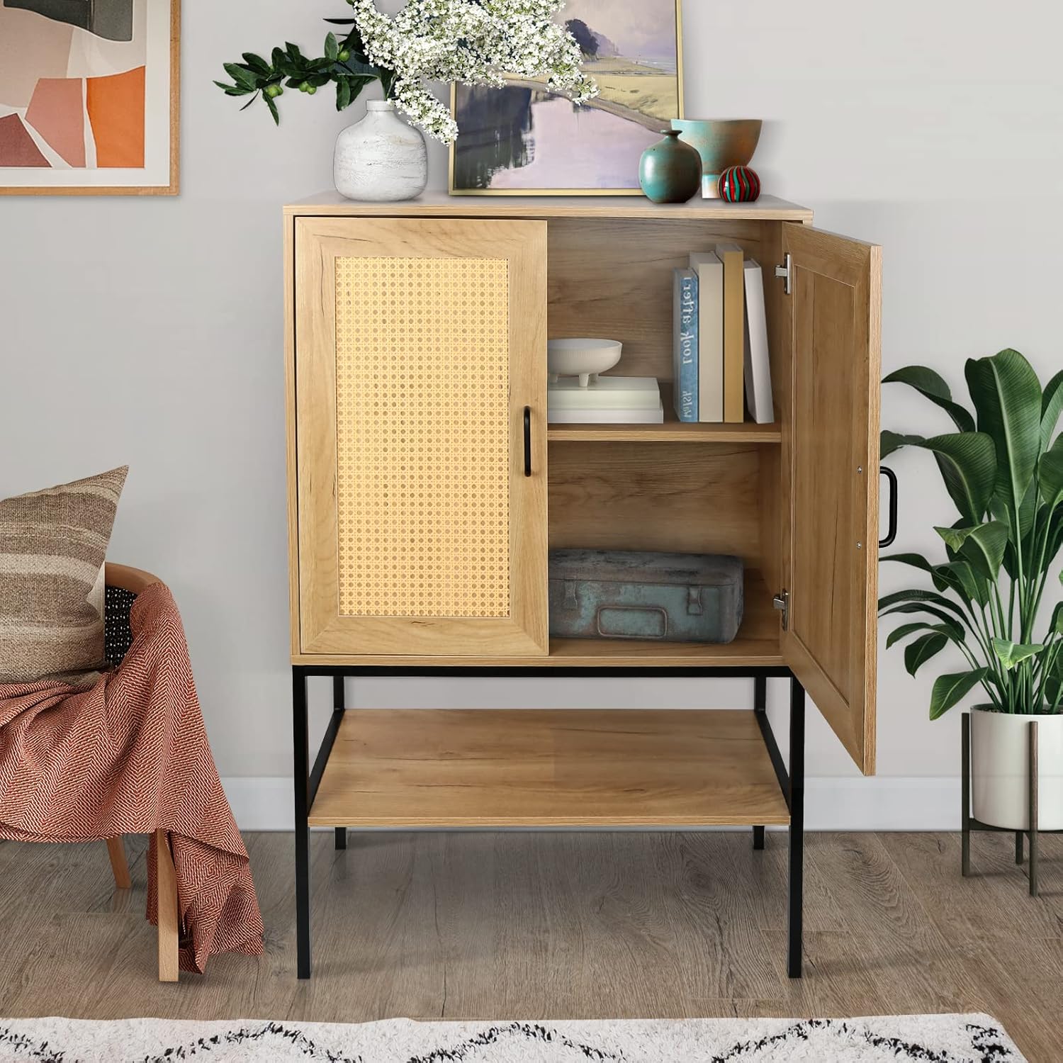 Elegant Cabinet with 2 Rattan Doors Bedroom Living Room Kitchen Cupboard Wooden Furniture with Bottom Shelf Easy Assembly Natural Color