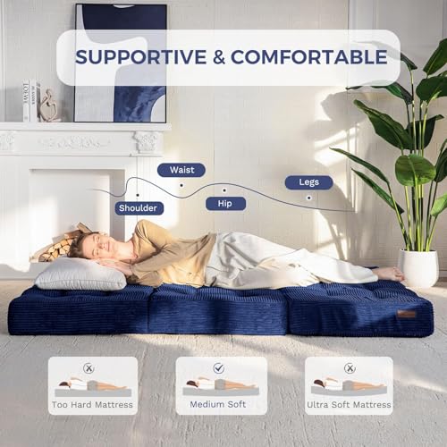MAXYOYO Tri-Fold Mattress, 6 Inch Tufted Folding Mattress Full Foam Bed, Foldable Floor Mattress Guest Bed Mattress Topper Portable Camping Sleeping Bed with Corded Fabric, Black, 53"x75"