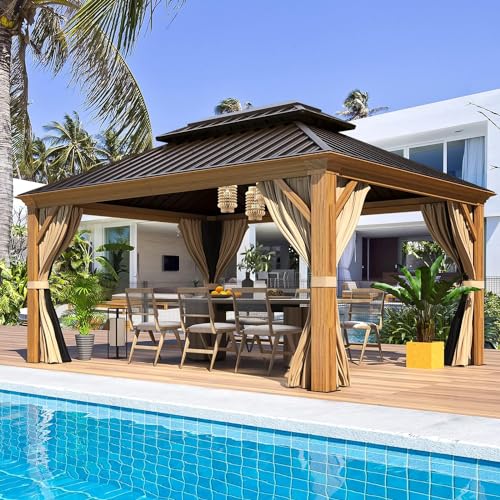 MELLCOM 12'x16' Hardtop Gazebo, Galvanized Steel Metal Double Roof Canopy with Curtains and Netting, Brown Permanent Pavilion Gazebos with Aluminum Frame for Garden, Patio, Lawns, Deck