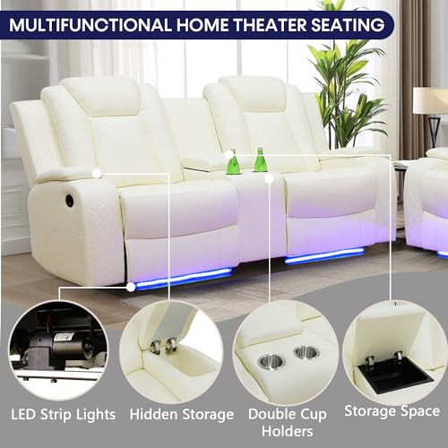 Leather Recliner Sofa Set with LED Lights,Power Reclining Sofa with USB Port/Wireless Charger/Storage Console/Cup Holder for Living Room/House/Home Theater(3 Piece Set,Black)