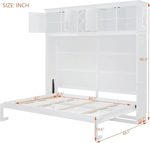 MERITLINE Queen Horizontal Murphy Bed Cabinet with Storage Bookcase Shelves and Charging Station,Wood Folding Grey Murphy Wall Bed for Adult