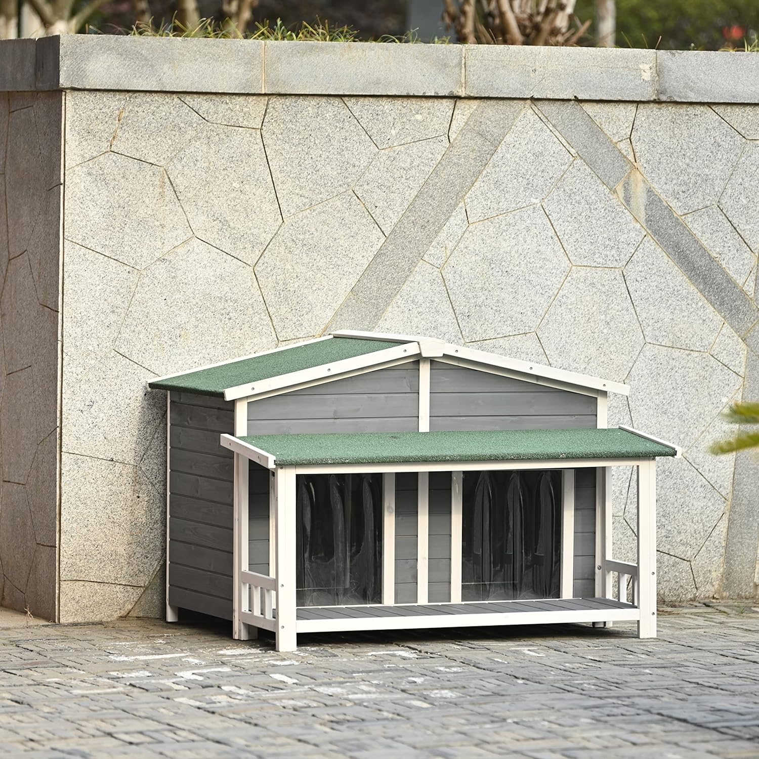Large Wooden Dog House Outdoor, Outdoor & Indoor Dog Crate, Cabin Style, With Porch, 2 Doors, Gray And Green
