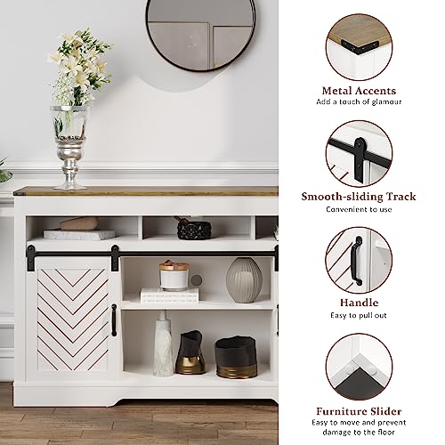 Farmhouse TV Stand for 65+ Inch TV, Modern Rustic Entertainment Center w/Sliding Barn Door, Rustic Media Console w/Storage Shelves, Wood Television Stand for Living Room, White