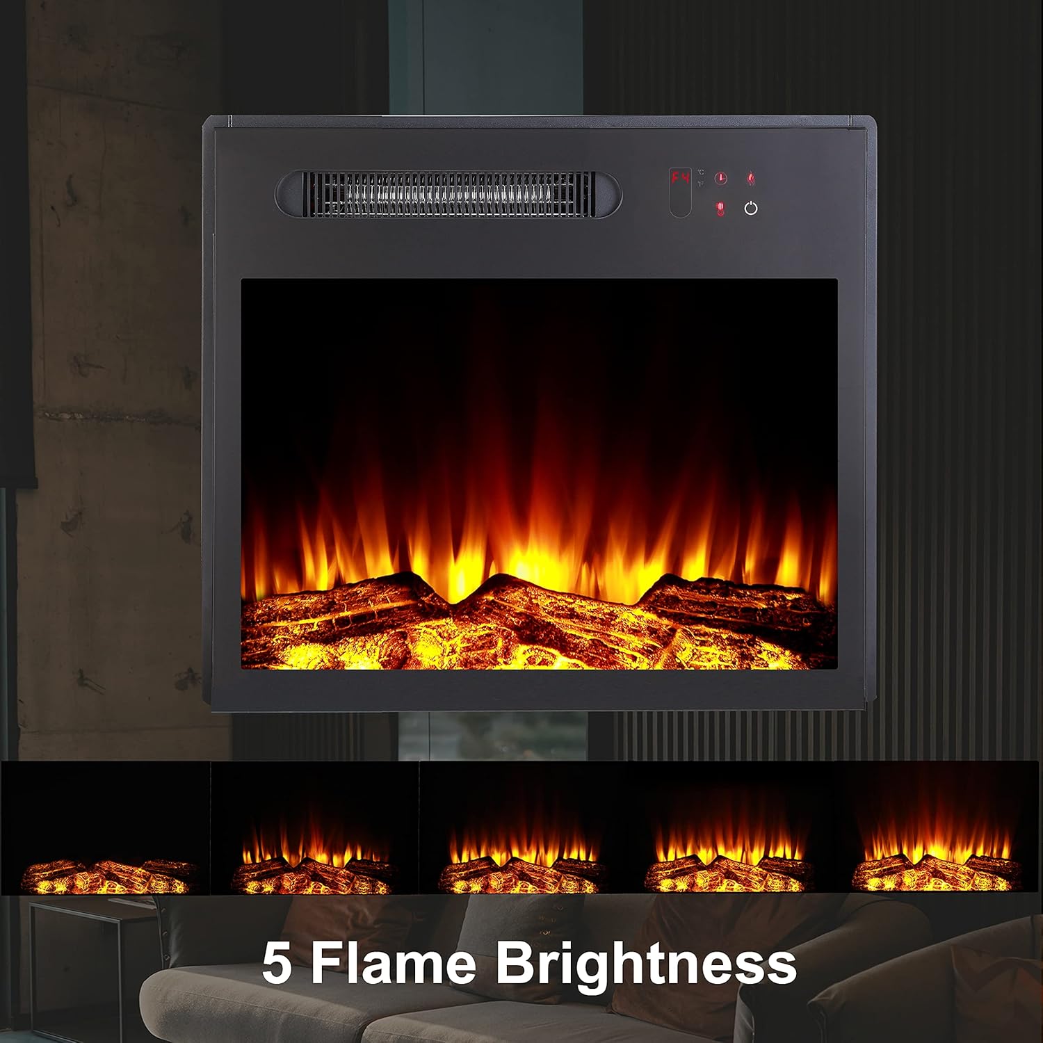 MOCIFI 23 inch Built-in Electric Fireplace Insert Heater,Low Noise,Remote Control,Touch Control Screen,Adjustable Flame Brightness and Speed,1500W,Black