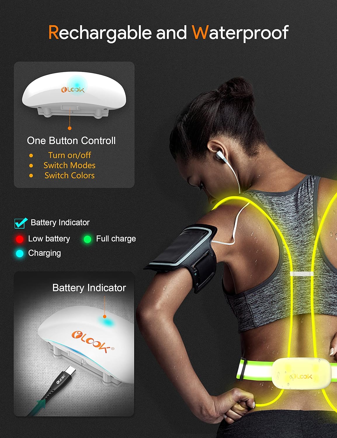 High Visibility LED Light Up Vest with Running Light, 360° Reflective Safety Gear for Night Running, Cycling, Joggers, Rechargeable and Waterproof, L-Green(Patent Pending)