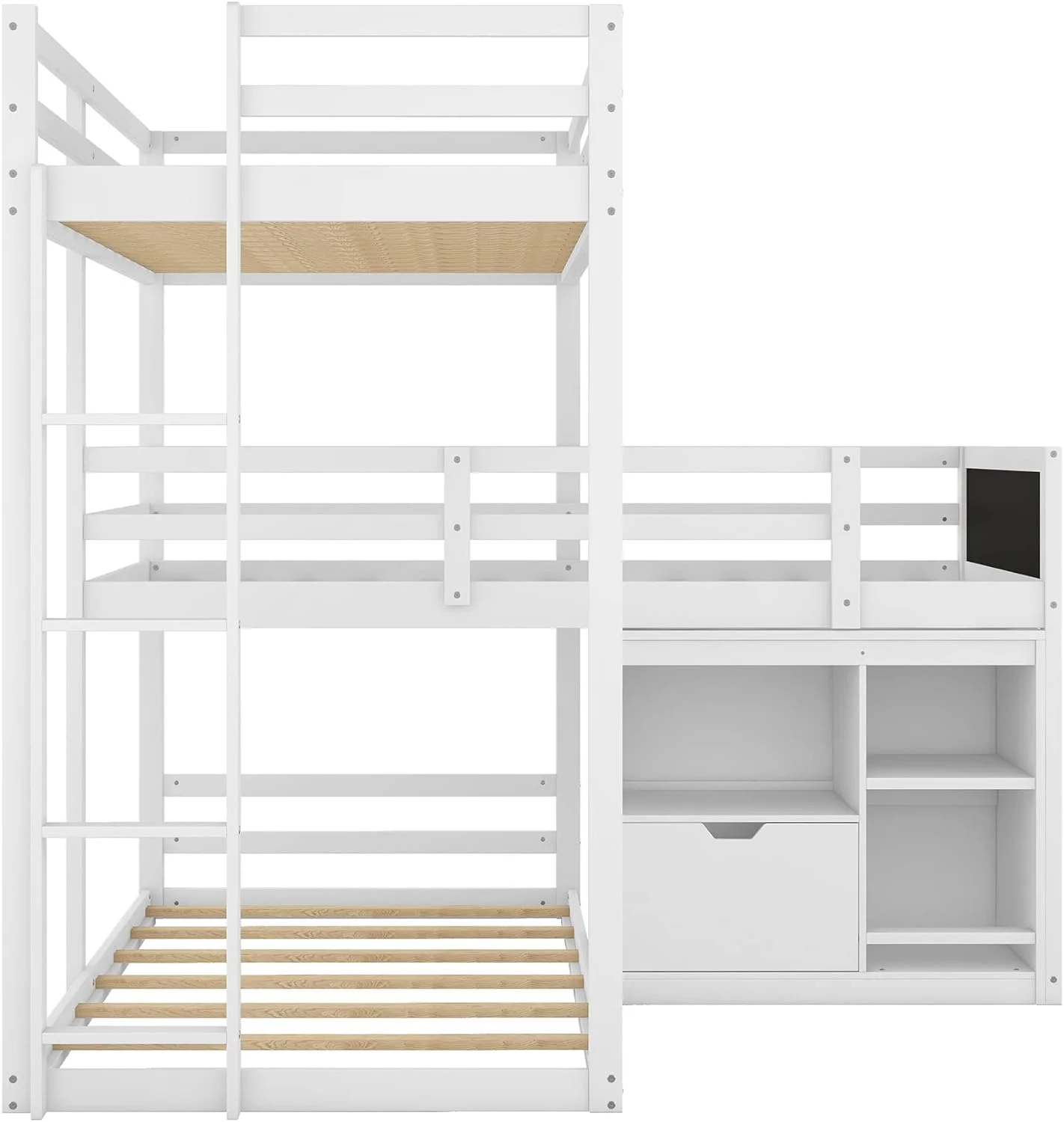 Size Triple Bunk Beds L-Shaped Bunk Beds With Cabinet, Blackboard And Ladder, 3 Bed In 1 Triple Bed Soli Wood Triple Bed For Kids And Teens (White)
