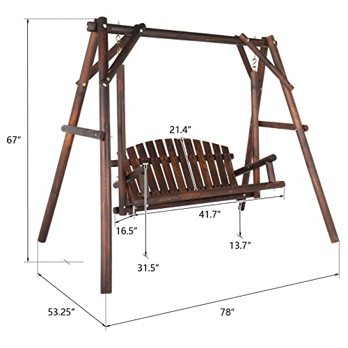 6.5' Outdoor Porch Swing Rustic Loveseat Solid Wooden Natural Log Garden Swing (Carbonized)