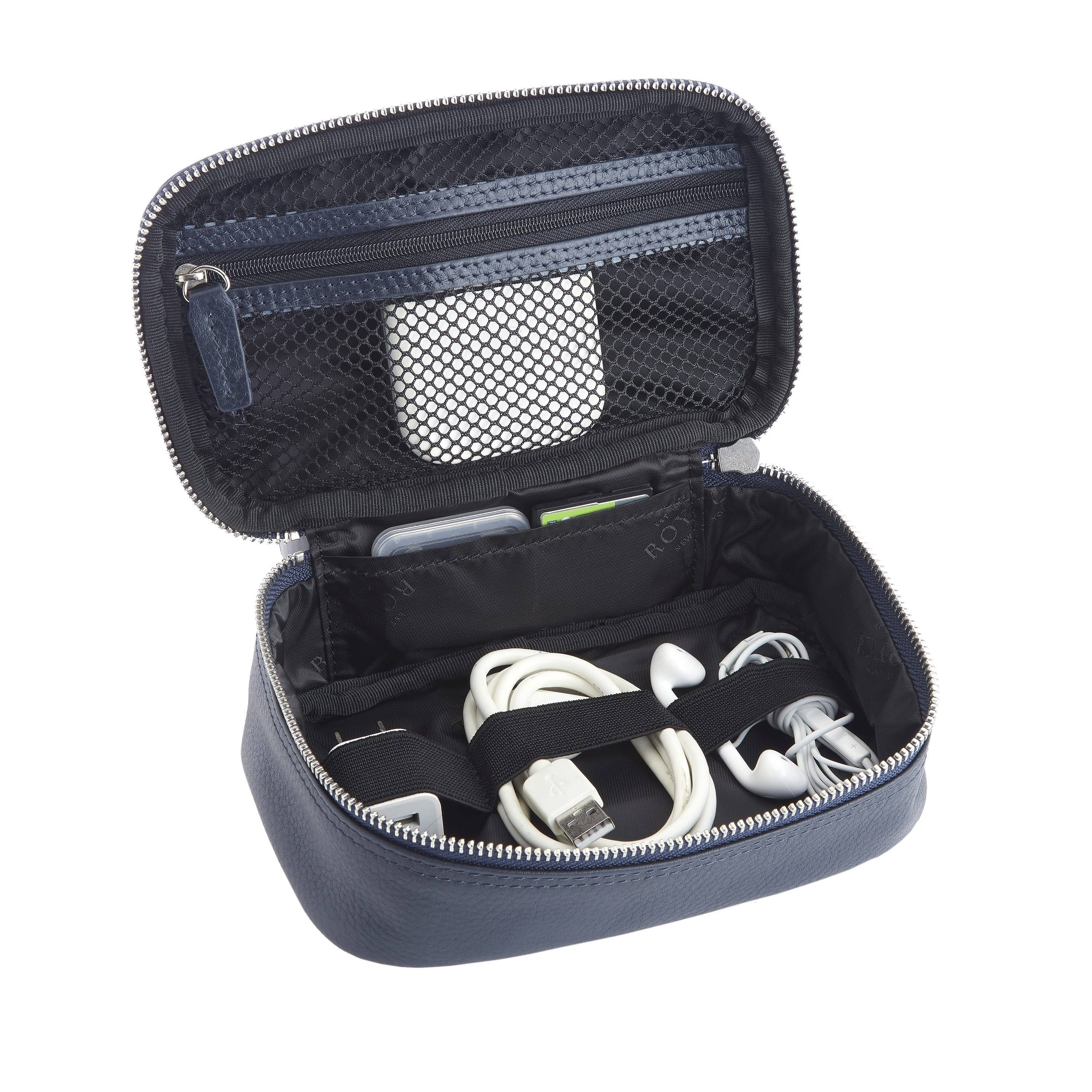 Royce New York Leather Tech Accessory Travel Storage Case - Navy Blue