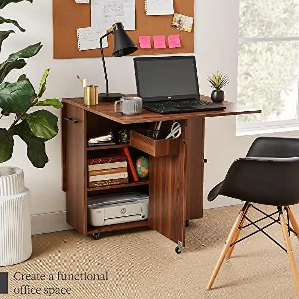 HJZUINIUNIU Folding Dining Table  Multipurpose Collapsible Drop Leaf Extension  Versatile Space Saving Desk  w/Wheels  3  Shelves  Metal Handle - Brown