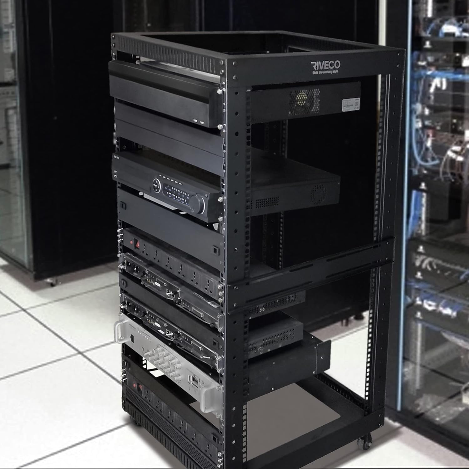 RIVECO 9U Open Frame Server Rack with Casters- Heavy Duty 4 Post Quick Assembly 19-inch, Stereo Rack Network Cabinet Black