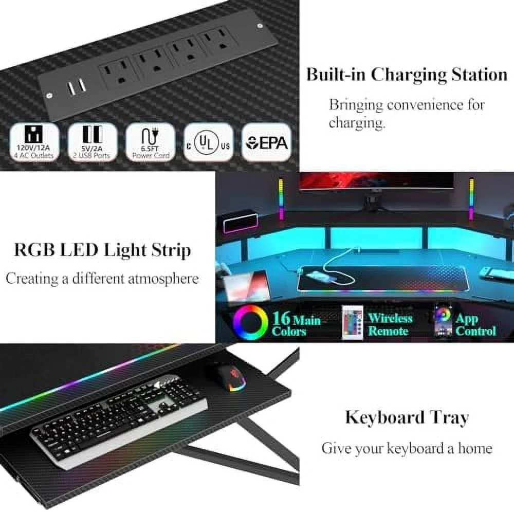 HJZBNONE 72" Gaming Desk with Power Outlet &amp; Led Strip  Large Wing-Shaped Computer Desk w Monitor Stand &amp; Keyboard Tray &amp; RGB Mouse Pad  Studio Desk w   Headphone Hook Cup