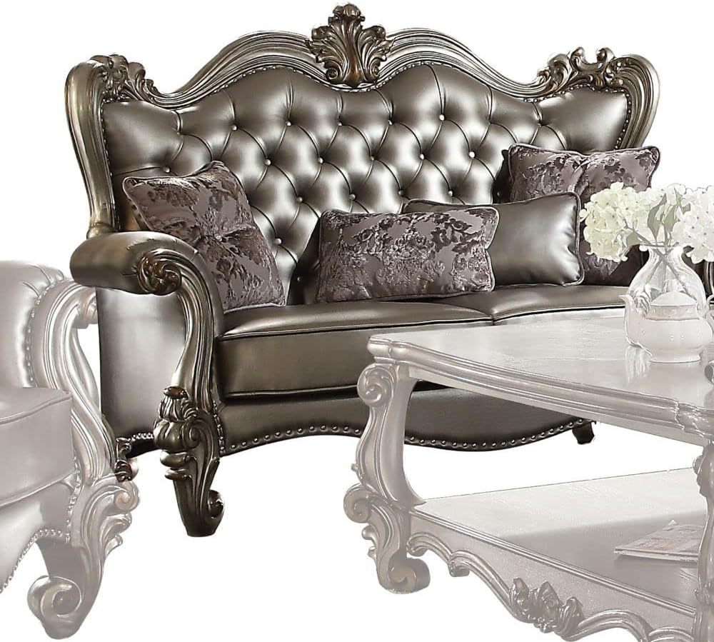 Acme Furniture Versailles Love Seats, 70.08" L x 44.09" W x 48.82" H, Silver Pu & Antique Platinum