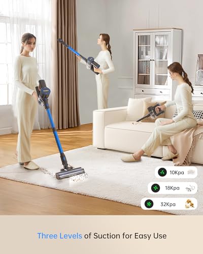 FABULETTA Cordless Vacuum Cleaner for Home, 400W Lightweight Vacuum Cleaner with MAX 47Min Detachable Battery, Brushless Motor, 6 in 1 Stick Vacuum for Hardwood Floors and Carpet Pet Hair Car（Blue）