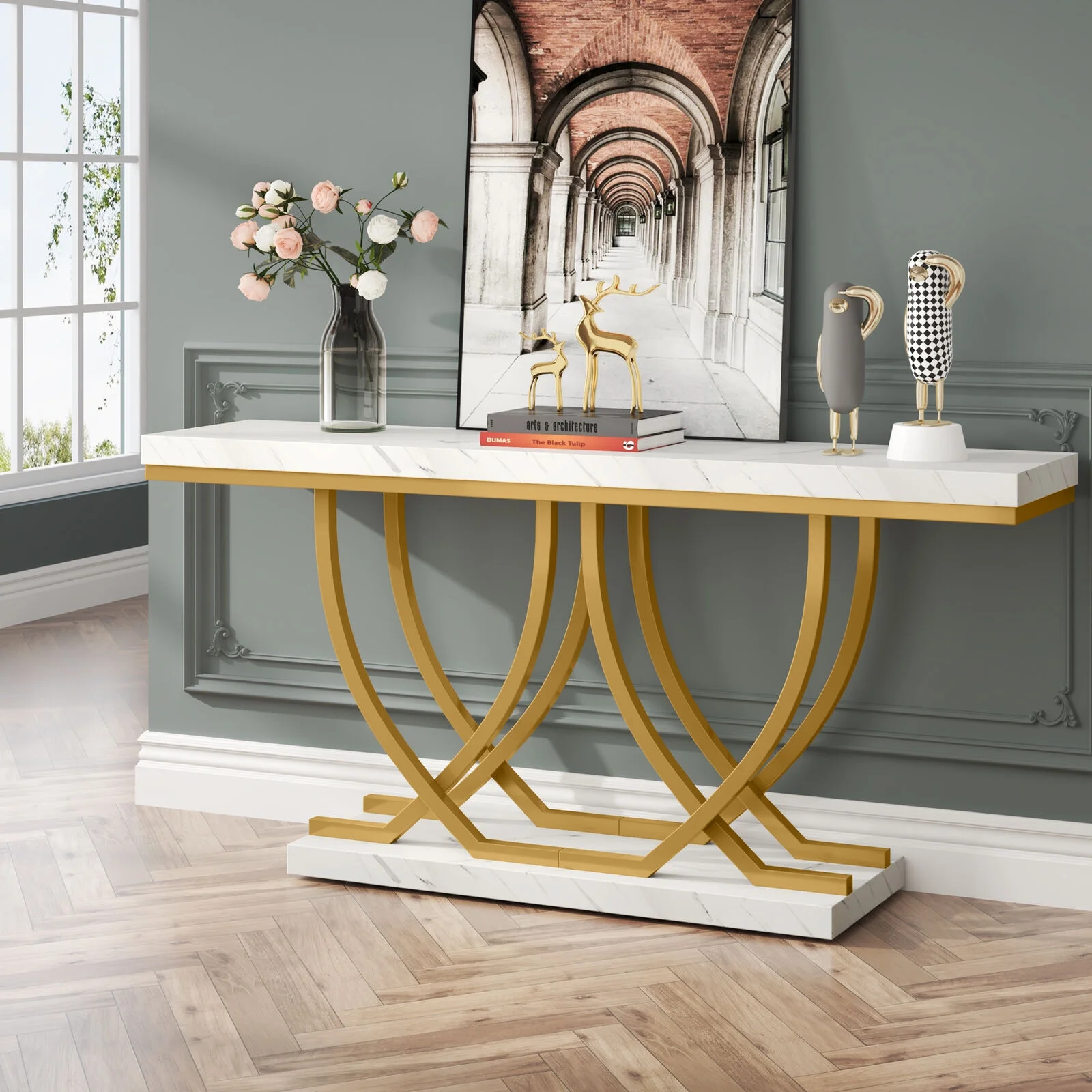 Tribesigns 59" Console Table with Gold Base, Faux Marble Entryway Table Behind Sofa Couch for Living Room, Hallway, White & Gold
