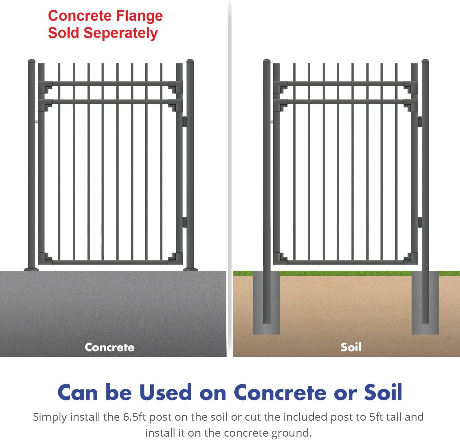 XCEL Fence: Black Steel Anti-Rust Gate, Flat End Top Pickets, Close Bottom Cross Rail or Option to Flip- 4ft W x 5ft H - DIY Installation Kit, for Outdoor, Yard, Pario, Entry Way, on Soil or Concrete.