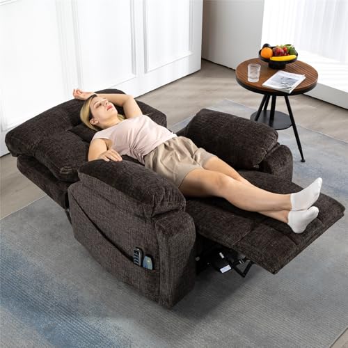 Light Grey Recliner Chair for Elderly | Tall and Big Man 400lbs | Chenille | Power Lift, Lay Flat, Stand Up, Wireless Charging Device, Extended Footrest, Massage Heat, Cup Holder, Lumbar Pillow