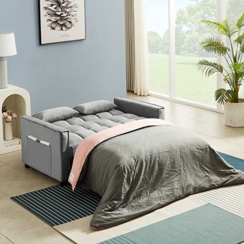 3 in 1 Convertible Sleeper Sofa Bed with Pullout Bed, Small Sofa, Loveseat Futon Sofa with Pillows, Pockets, Adjustable Backrest, Velvet Futon Couch Bed for RV, Living Room, Beige