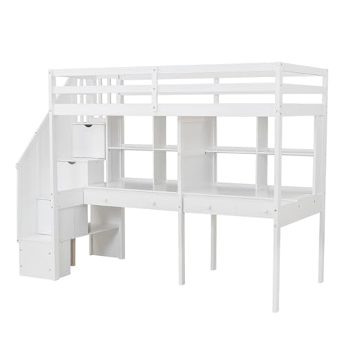 Harper & Bright Designs Twin Size Loft Bed with Stairs and Desks, Wood Loft Bed Frame with Storage Drawers, White