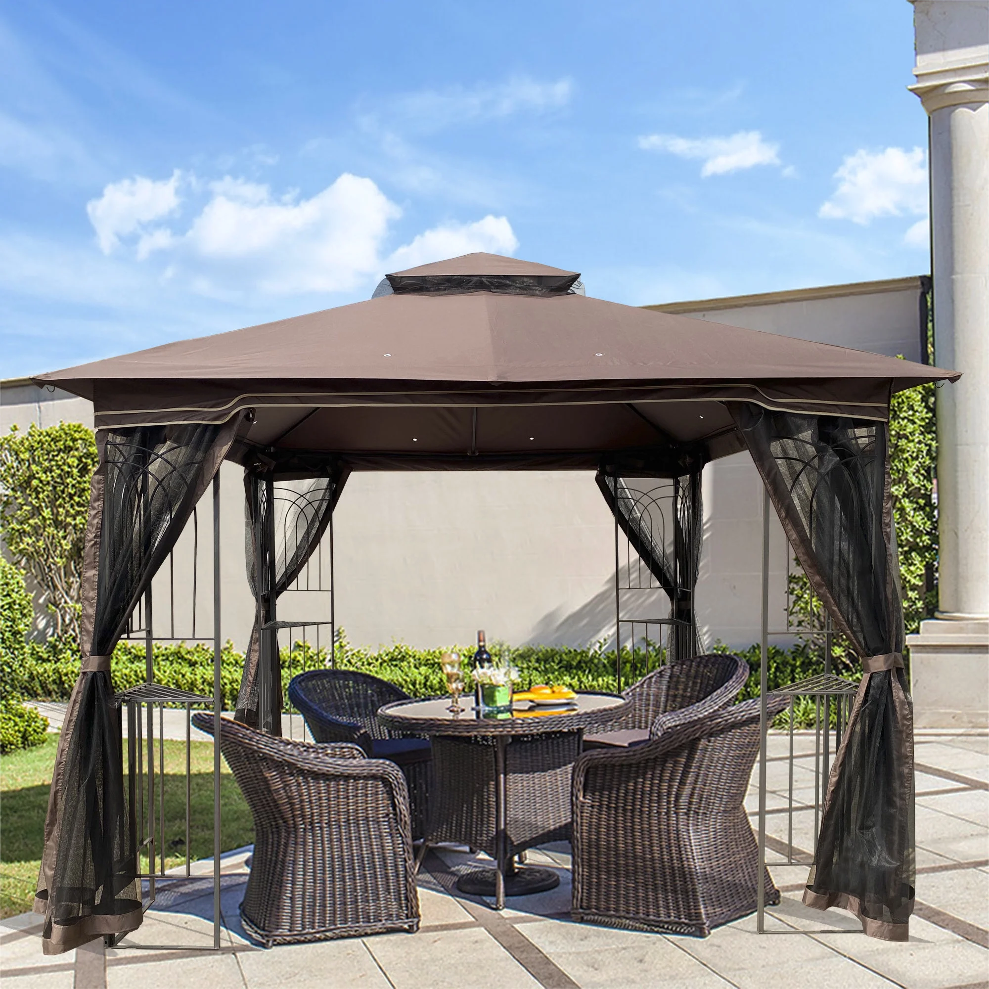 Dcenta 10x10 Outdoor Patio Gazebo Canopy Tent With Ventilated Double Roof And Mosquito net(Detachable Mesh Screen On All Sides),Suitable for Lawn, Garden, Backyard and Deck,Brown