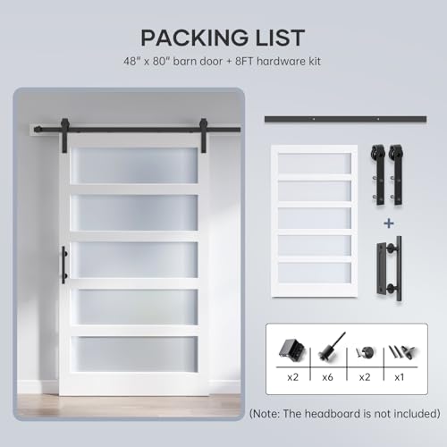36x84 Inch Glass Sliding Barn Door Slab and 6.6ft Hardware Kit Included, 5 Frosted Glass, LVL Wood Panel Covered with White Water-Proof Scratch-Proof PVC Surface, Simple DIY Assembly