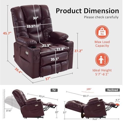 MCombo Large Triple Motor Power Lift Recliner Chair with Massage and Dual Heating, Adjustable Headrest for Tall Elderly People, Faux Leather 7634 (Dark Brown, Large)