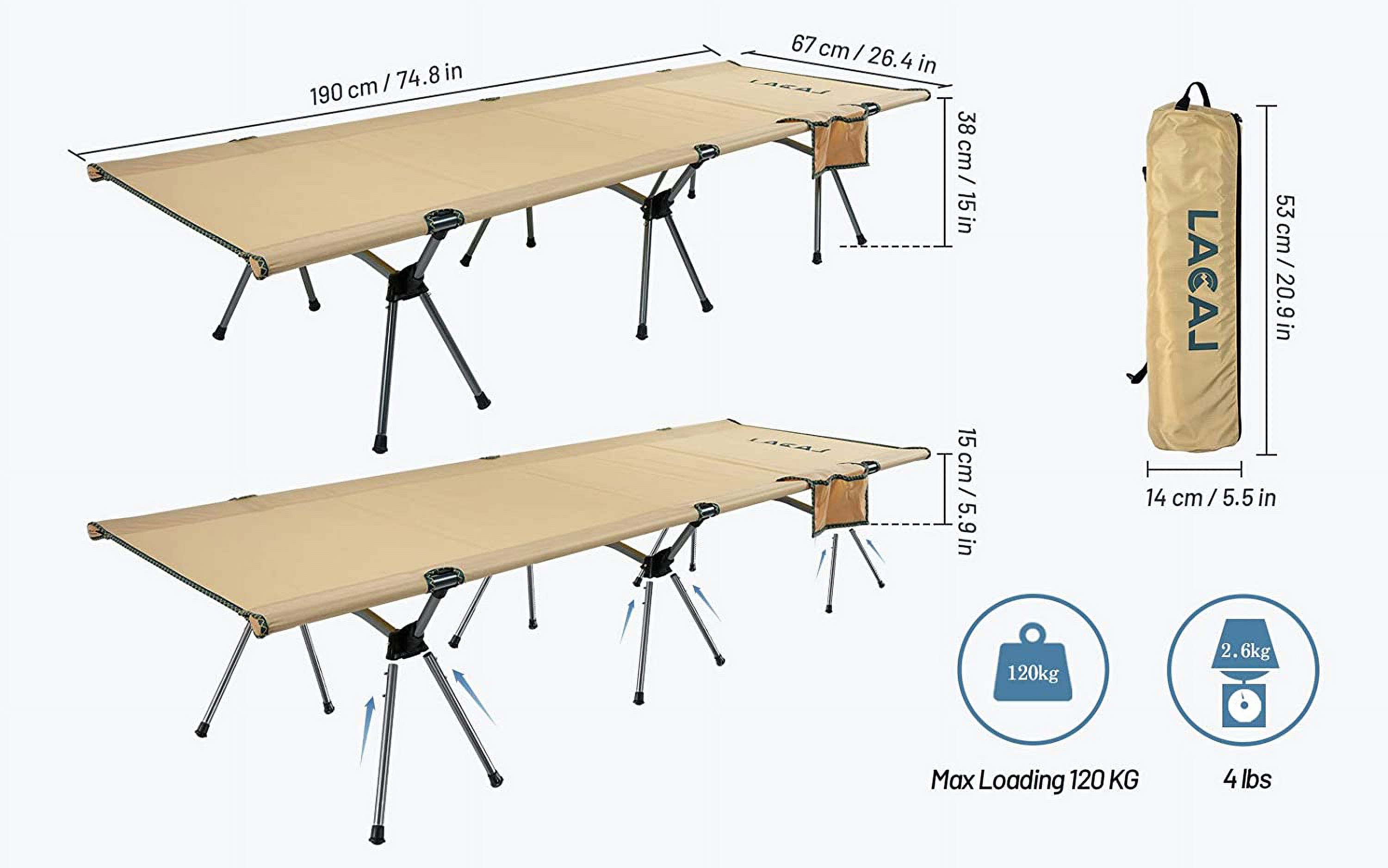 Foldable High/Low 2 Modes Camping Cot with Side Pocket, Extend Legs, Storage Bag, Ultralight & Durable Backpacking Travel Tent Cot, Easy to use for Woman & Man