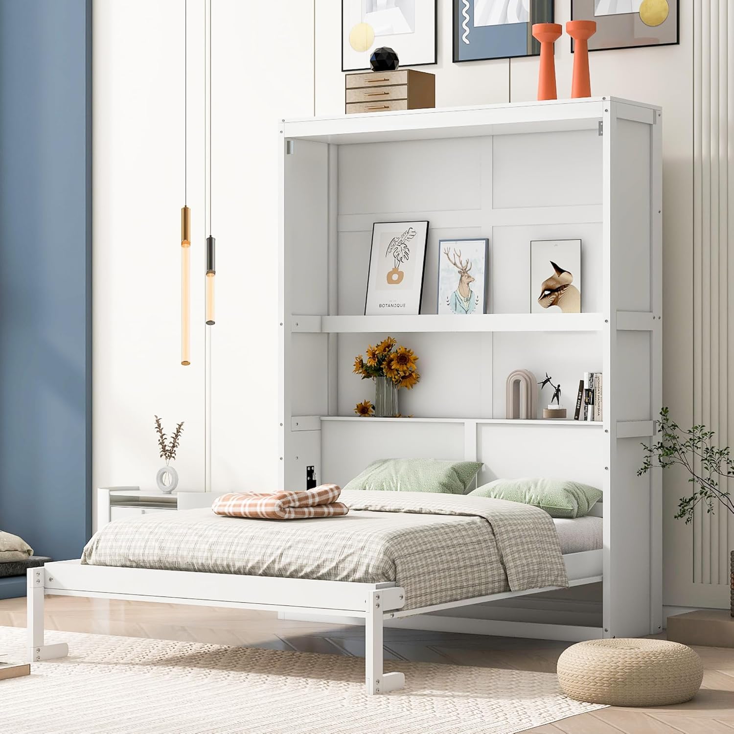 Full Size Murphy Frame,with Cabinet, Drawers and Storage Shelves,Space-Saving Wall Bed for Multipurpose Guest Room or Home Office,White, White-17