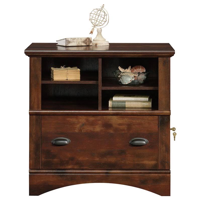 Sauder Harbor View 2 Piece Computer Desk with Hutch and File Cabinet Set in Cherry