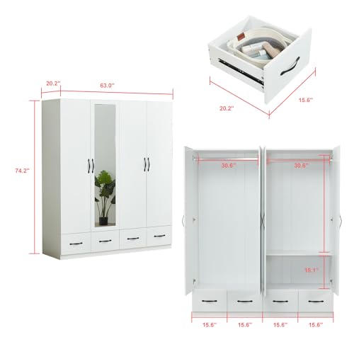 Wardrobe Closet, 2 Door Wardrobe Cabinet with Storage Cabinet, Armoire Wardrobe Closet with Storage Drawers, Bedroom Armoires with Hanging Rod, White Wooden Closet (71" H x 32" W x 20" D)