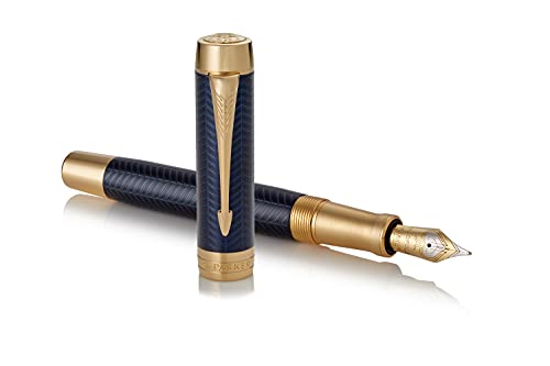 Parker Duofold Centennial Fountain Pen, Prestige Blue Chevron, Medium Solid Gold Nib, Black Ink and Convertor (1931370)