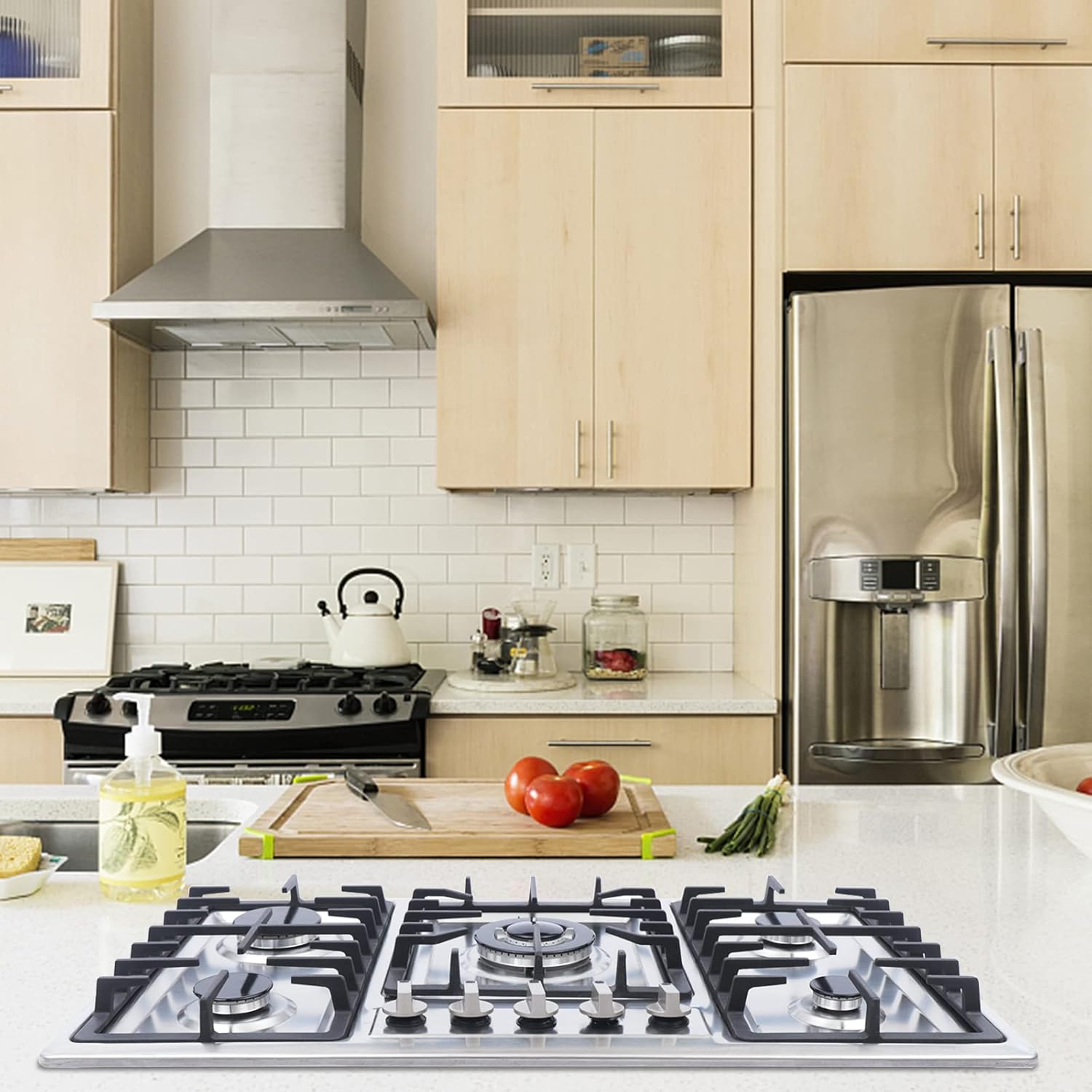 34 Inch Gas Cooktop 5 Burners Stainless Steel Gas Stove Top Built-in Gas Stove Cooktop Tempered Glass Panel LPG/NG Gas Cooktop Cooker Easy to Clean