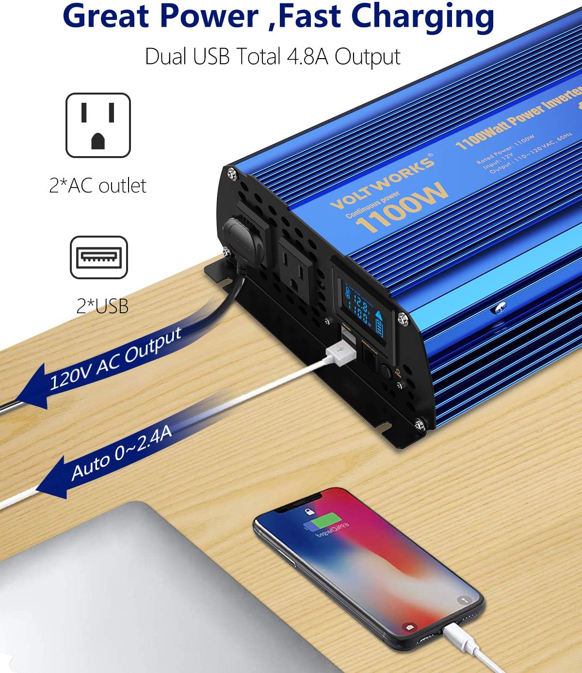 Power Inverter 2000w DC 12V to AC 120V Modified Sine Wave Inverter 2000 watt with LCD Display Remote Control and 3AC Outlets Dual 2.4A USB Ports for Car RV Truck Boat[3 Years Warranty] by VOLTWORKS