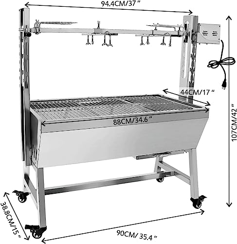 stainless steel rotisserie grill, 25w motor small pig lamb rotisserie roaster, 37'' 2 in 1 bbq charcoal rotisserie grill for camping outdoor kitchen (without baffle)