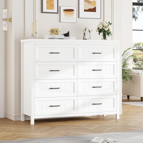 Elegant Farmhouse 8 Drawer Dresser for Bedroom - Large Wooden Double Dressers with Deep Drawers Dressers for Hallway, or Entryway - White & Brown