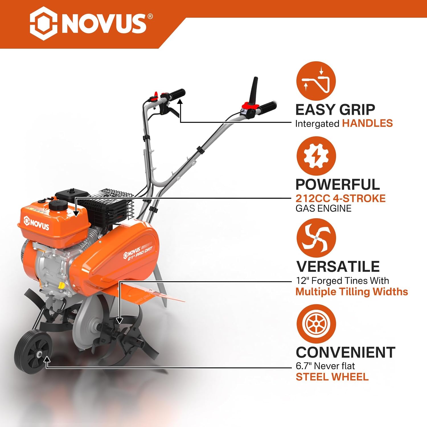 NOVUS Gas Tiller 21-Inch Gas Powered Front Tine Tiller Cultivator 212cc 4-Cycle Gas Engine with Toolless Adjustable Tilling Width 12in-21in, Gas Tiller for Gardening, Garden Tillers Gas Powered