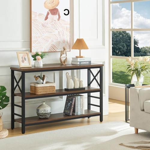 HOMBAZAAR Entryway Console Table, 47" Industrial Sofa Table,3-Tier Metal Entryway Table with Shelves,Foyer Tables for Living Room,Hallway,Entryway,Brown