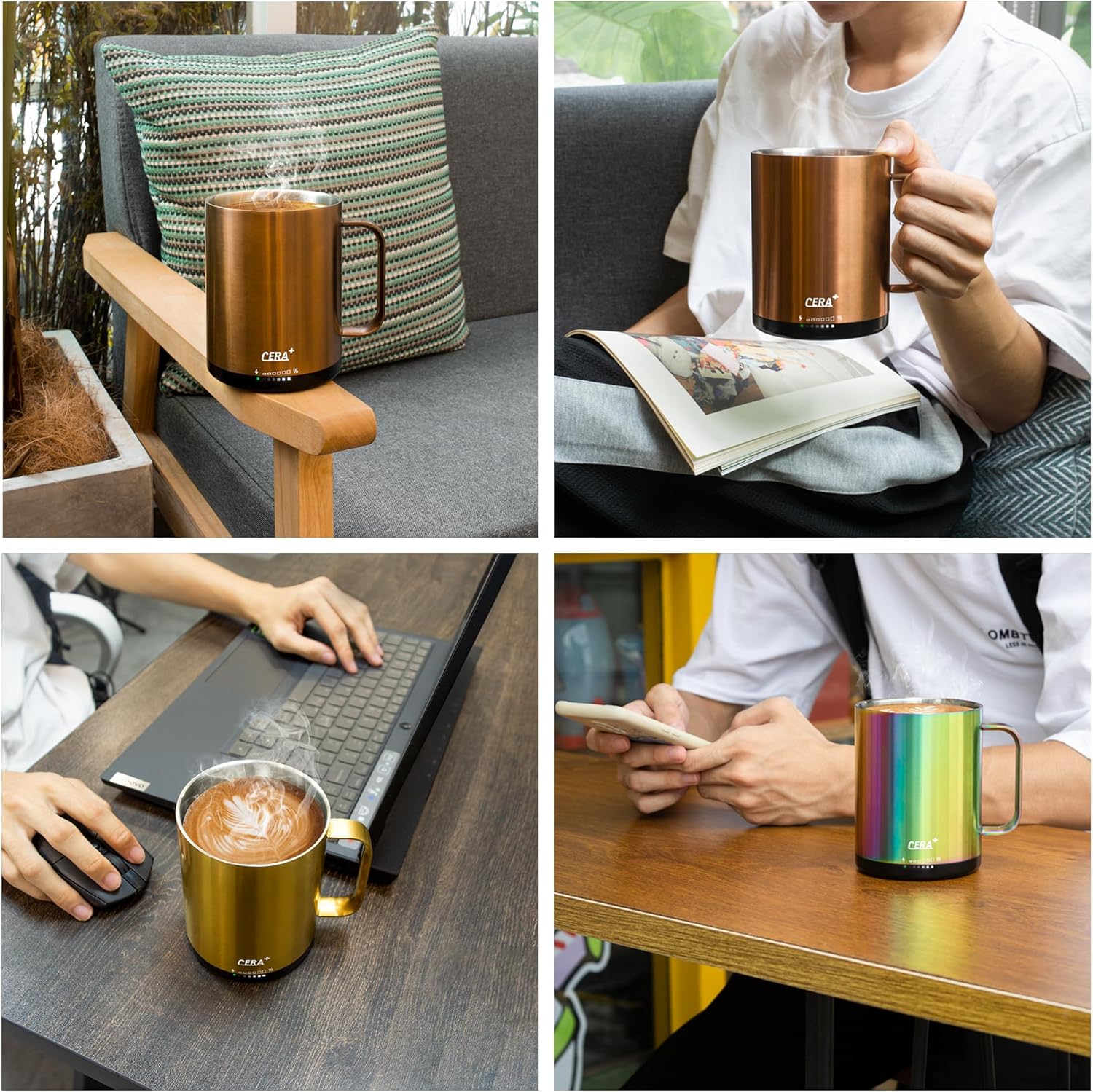 CERA+ Temperature Controlled Smart Mug 2, Self-Heating Coffee Mug with Lid, 90 Minutes Battery Life, APP or Manual Control, Gift-Packing(Brown - 14 oz)