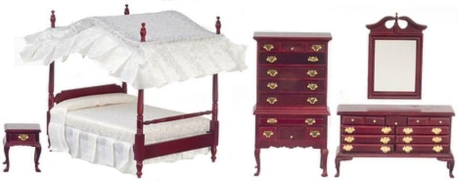 Melody Jane Dolls Houses Dollhouse Mahogany Victorian Bedroom Furniture Set with Canopy 4 Poster Bed