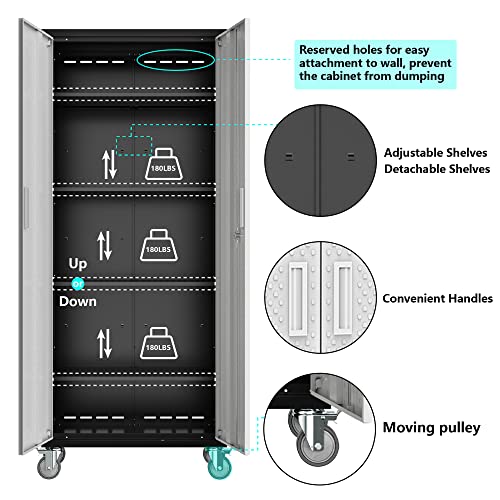 Tall Metal Garage Storage Cabinet, 72" Tool Storage Cabinet Utility Locker with Wheels, Adjustable Shelves & Locking Doors- Pantry Cabinets for Kitchen, Classroom, Bathroom, Basement Organization