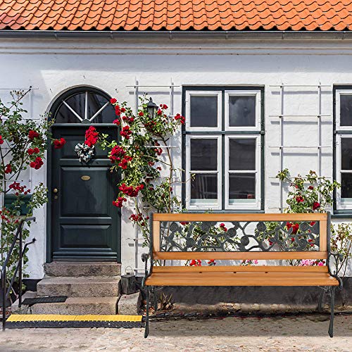 Outdoor Garden Bench, Antique Patio Bench with Cast Iron and Hardwood Frame, Weather Proof Porch Outdoor Loveseat with Rose Style Back for Backyard, Deck, Lawn