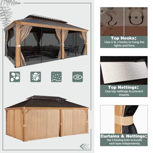 MELLCOM 12'x16' Hardtop Gazebo, Galvanized Steel Metal Double Roof Canopy with Curtains and Netting, Brown Permanent Pavilion Gazebos with Aluminum Frame for Garden, Patio, Lawns, Deck