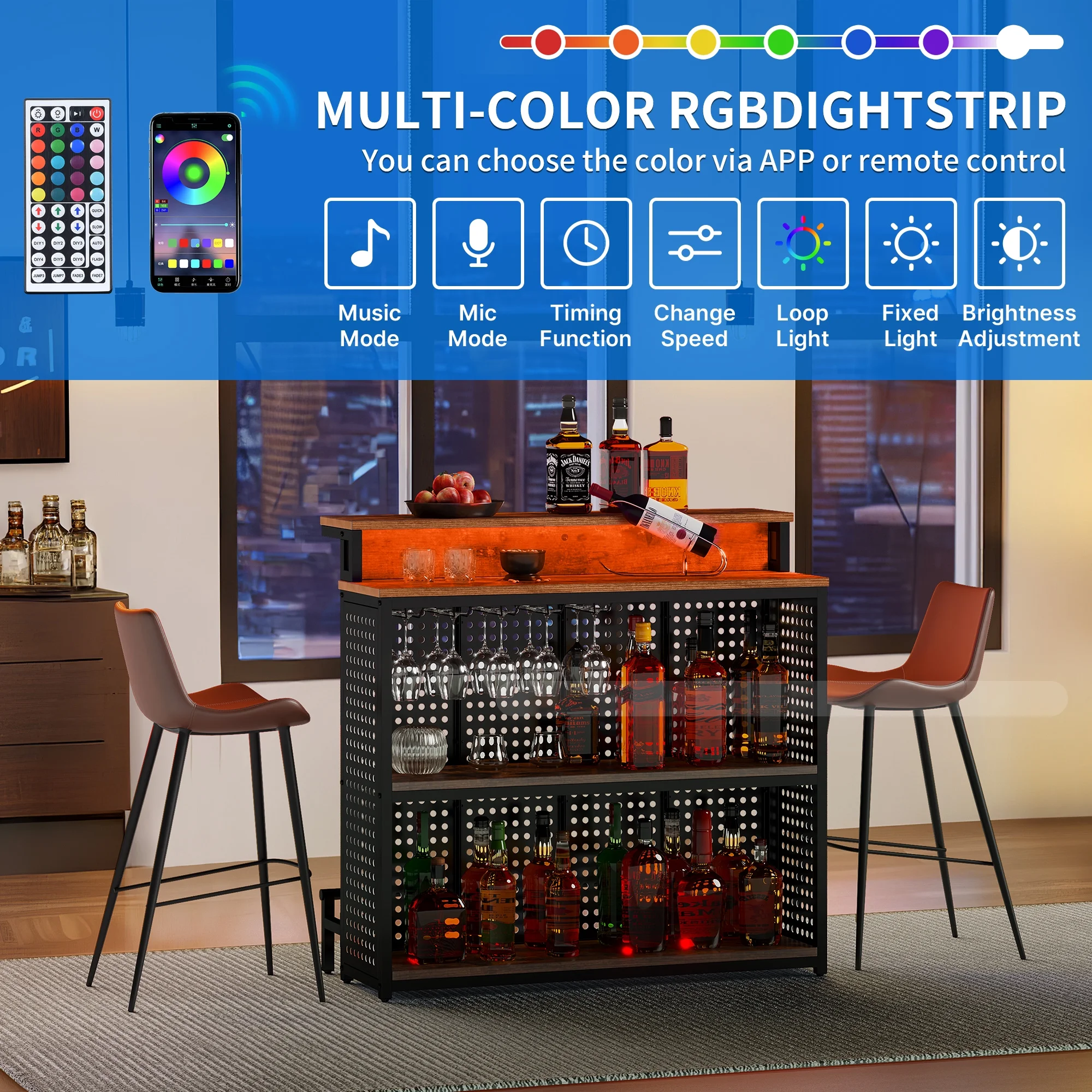 Dextrus 4 Tier Home Bar Unit, 43" Liquor Bar Table with Adjustable RGB LED Color Lights, Mini Bar Cabinet with Stemware Rack and Footrest for Home Pub, Party, Rustic Brown