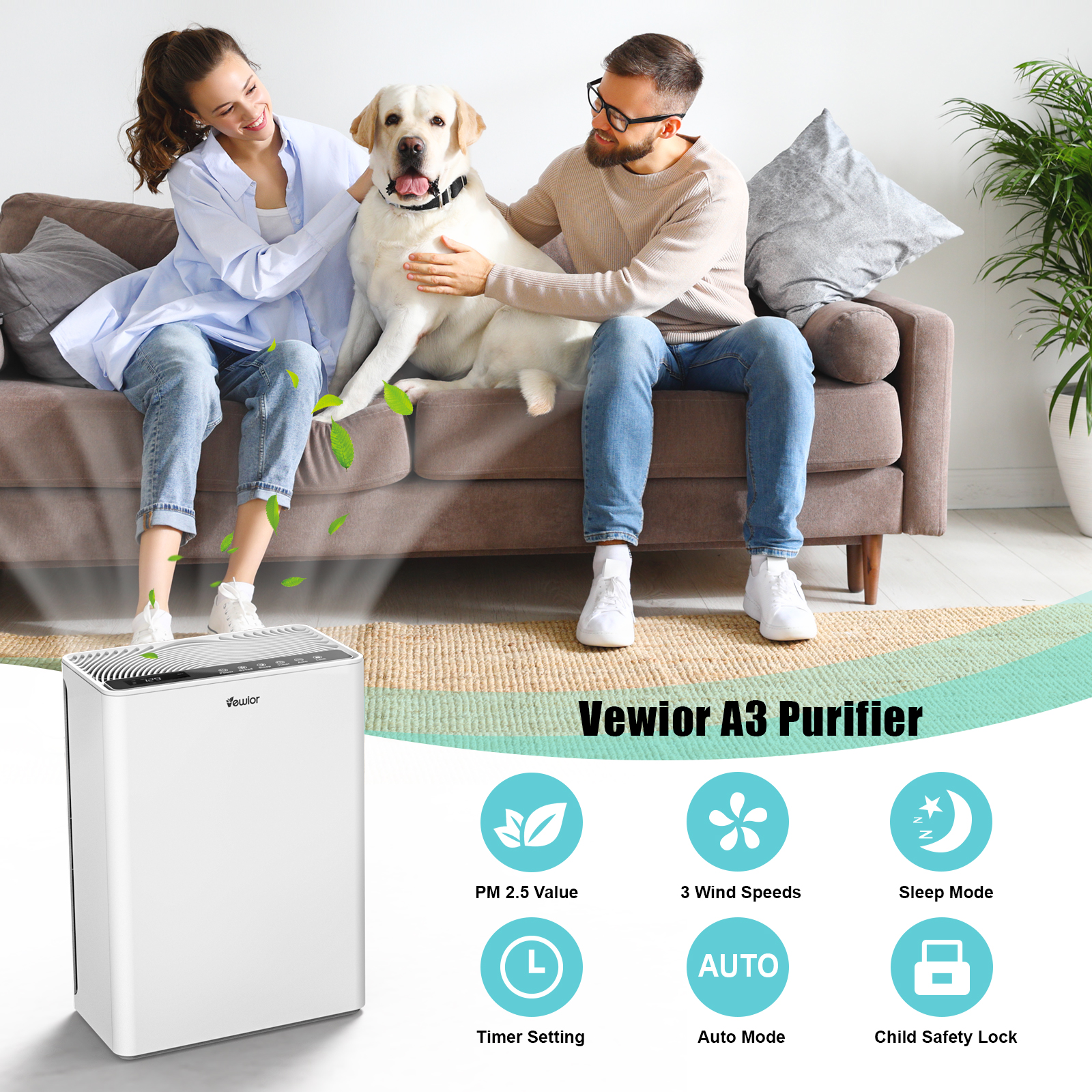 VEWIOR Air Purifiers Large Room up to 1730 Sq.Ft, H13 HEPA Air Cleaner for Pets Dander Smoke Pollen