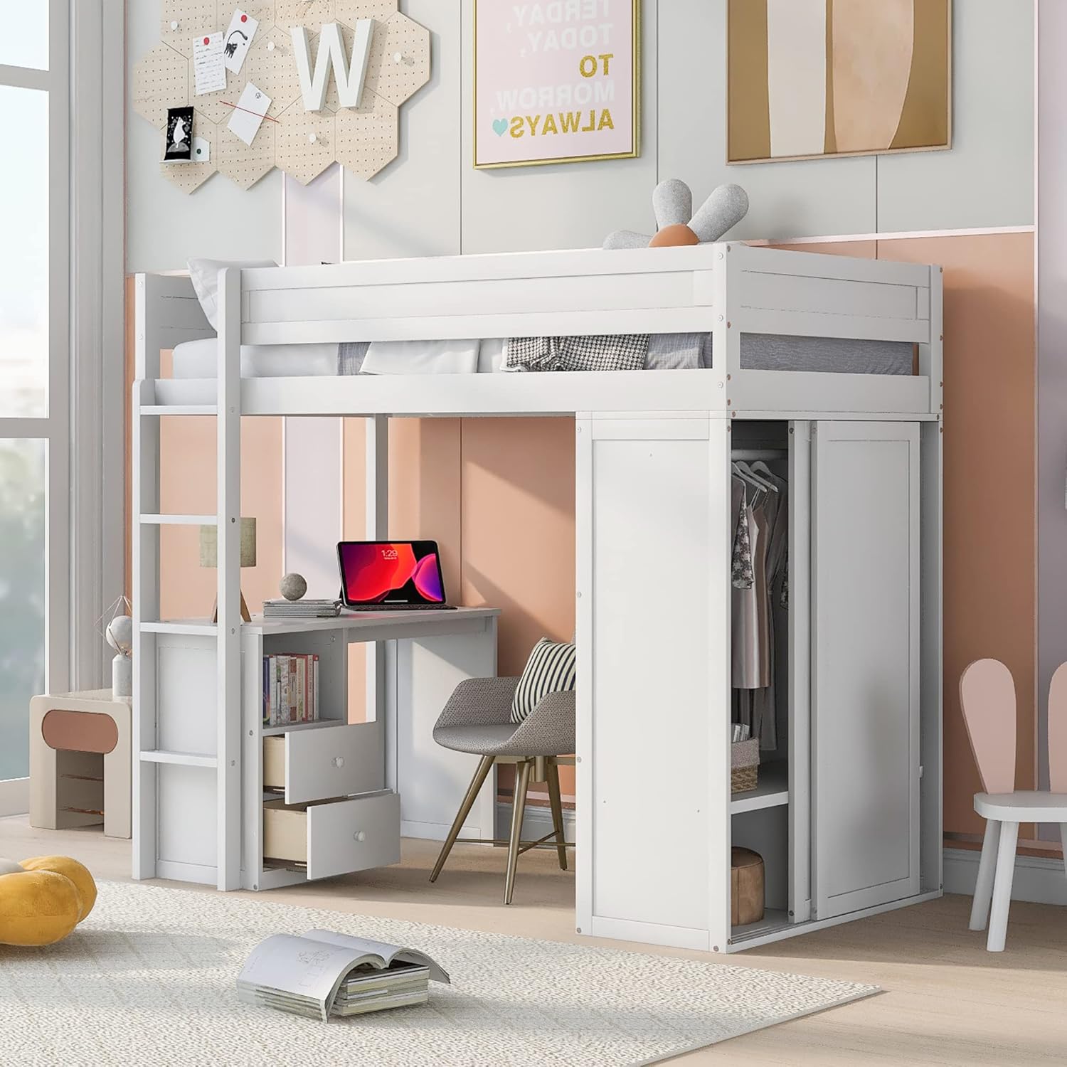 Modern Twin Loft Bed with Desk and Wardrobe, Wooden Twin Size Loft Bed with Storage Drawers for Girls Boys Teens,No Box Spring Needed, White
