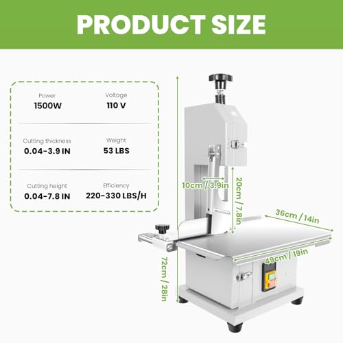 Meat Cutting Bandsaw Machine, 1500W Electric Bone Saw for Butchering with 19" x 14" Stainless Steel Workbench, 8 Saw Blades, 0.04-3.9" Cutting Thickness, Frozen Meat Cutter for Ribs (1500W)