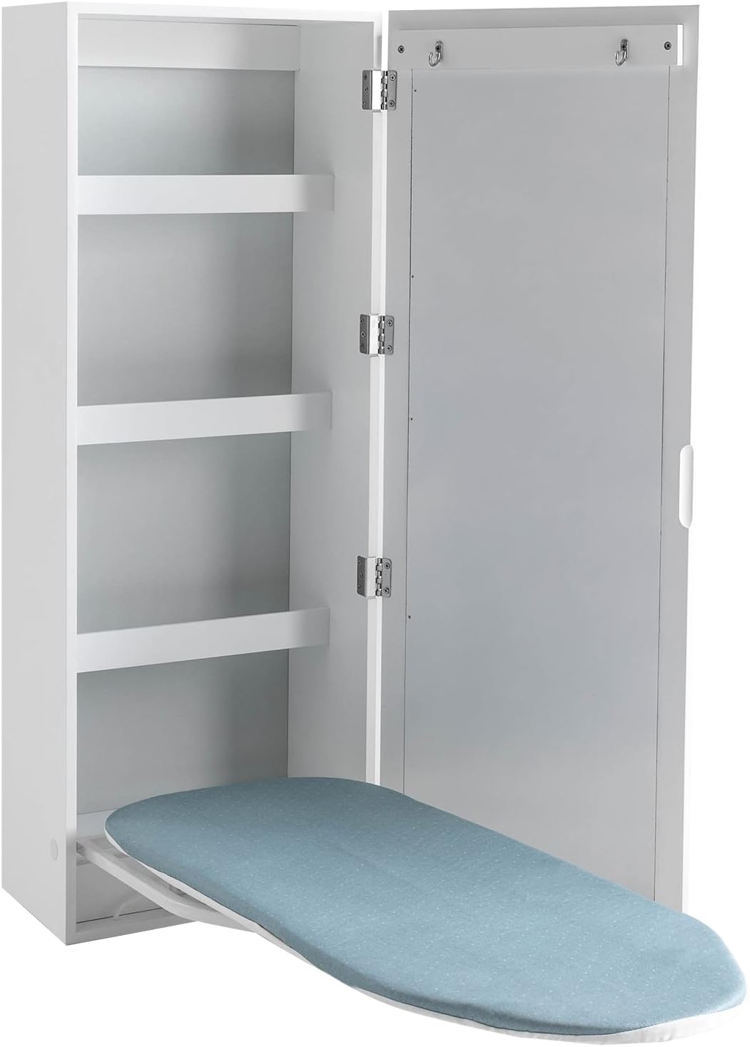 Wall-Mounted Ironing Board Cabinet with Mirror, Built-in Swivel Ironing Board Foldable Ironing Storage Station for Home, Apartment, White