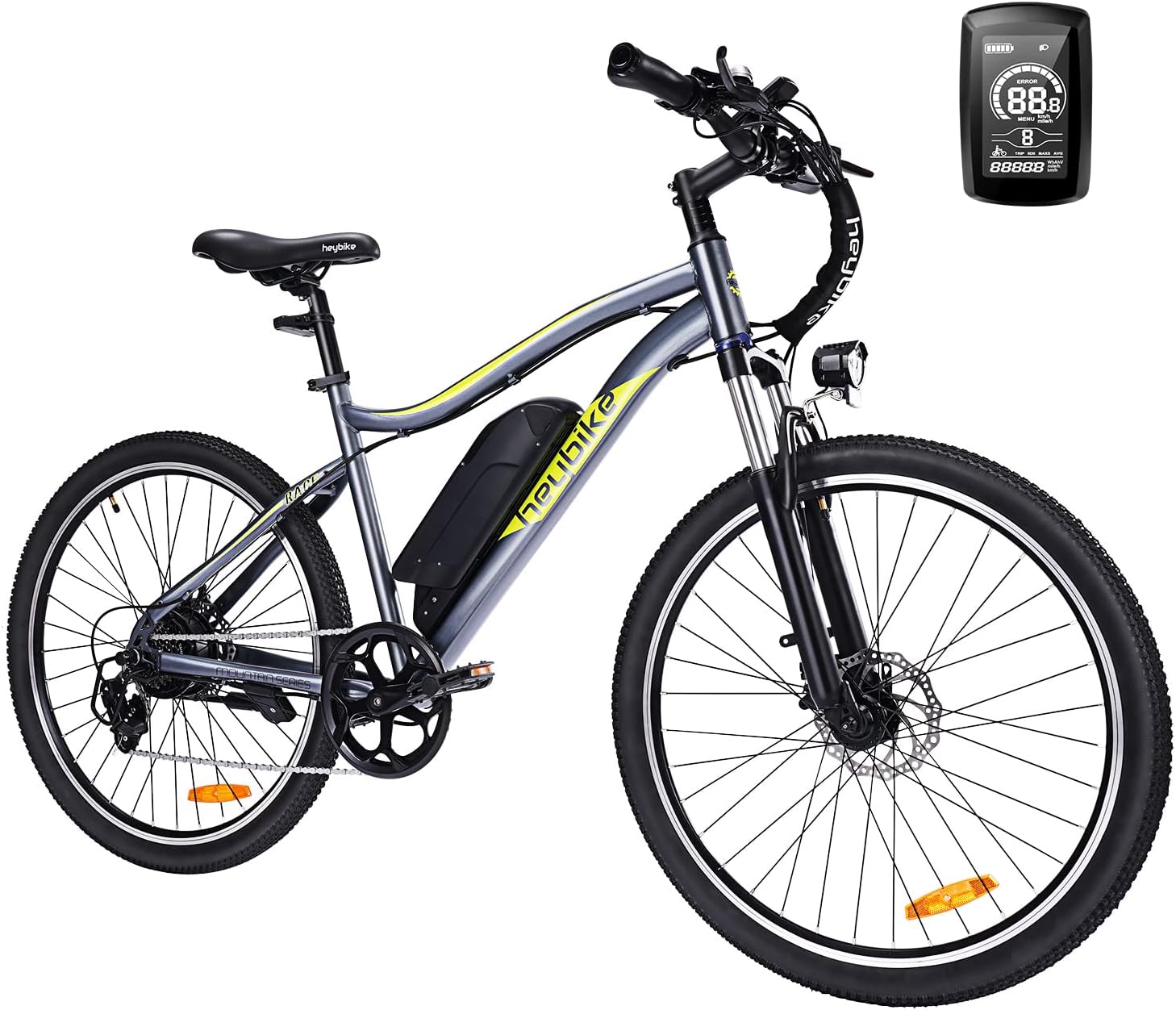 Heybike Race Electric Bike Light Weight 26" Commuter Electric Mountain Bike Long Range, 350W Brushless Motor, Shimano 7-Speed and Front Fork Suspension, Urban Electric Bicycle for Adults