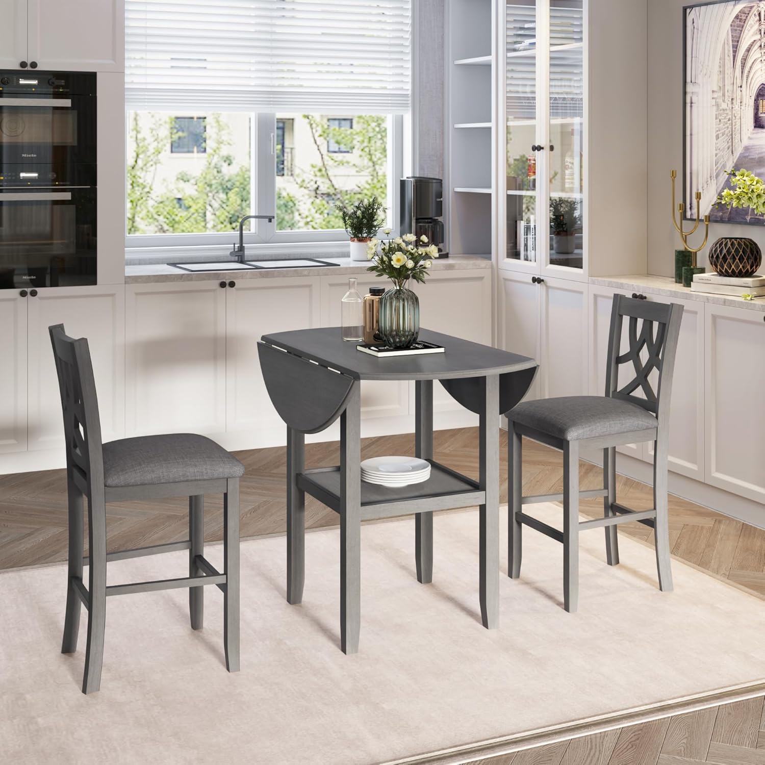LUMISOL Farmhouse 3 Piece Round Counter Height Kitchen Dining Table Set with Drop Leaf Table, 1 Shelf and 2 Cross Back Padded Chairs for Small Places, Gray