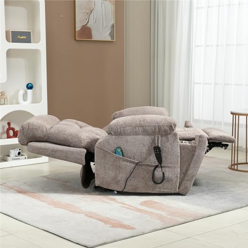 Light Grey Recliner Chair for Elderly | Tall and Big Man 400lbs | Chenille | Power Lift, Lay Flat, Stand Up, Wireless Charging Device, Extended Footrest, Massage Heat, Cup Holder, Lumbar Pillow