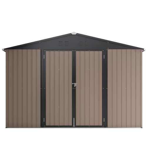 10x10 FT Ourdoor Storage Shed - All Weather Metal Storage Shed with Lockable Doors, Air Vents & Sloped Roof, Waterproof Heavy-Duty Utility and Tool Shed for Garden, Backyard, Patio, Brown